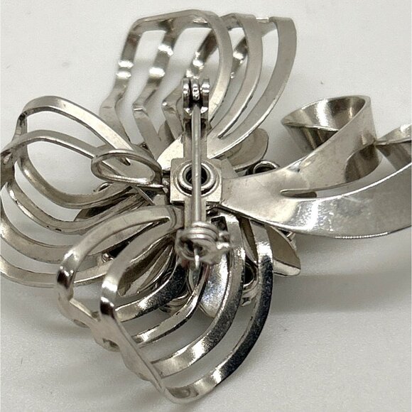 Vintage Bow Brooch Ribbon Pendant Floral & Clear Blue Center Silver-tone - Picture 5 of 11